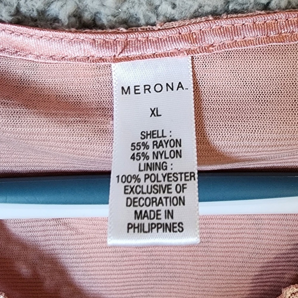 Y2K Merona Lace Blouse Women XL Pink Short Sleeve Empire Waist Satin Tie V-Neck - Picture 5 of 10